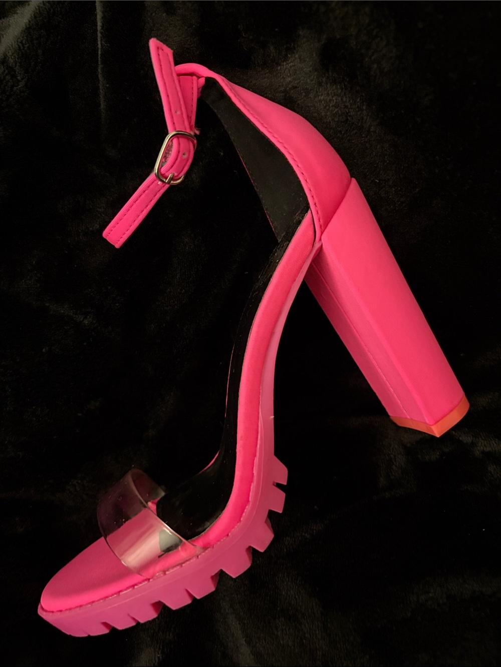 *Neon Pink Block Heel Sandals with Clear Strap - Picture 3 of 3